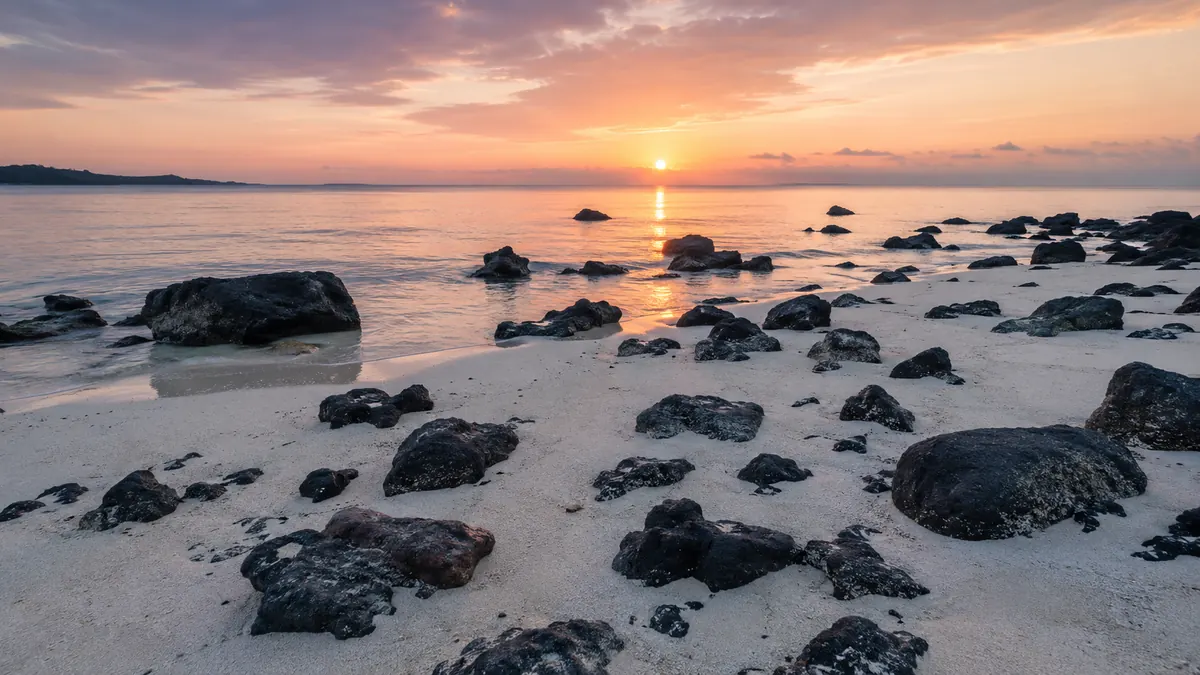 Sunrise over black volcanic rocks at Kalapathar Beach, Havelock