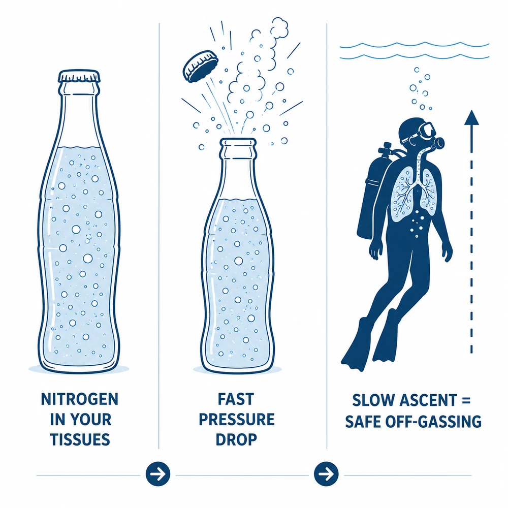 Soda bottle analogy showing nitrogen off-gassing and why a fast pressure drop after diving causes bubbles