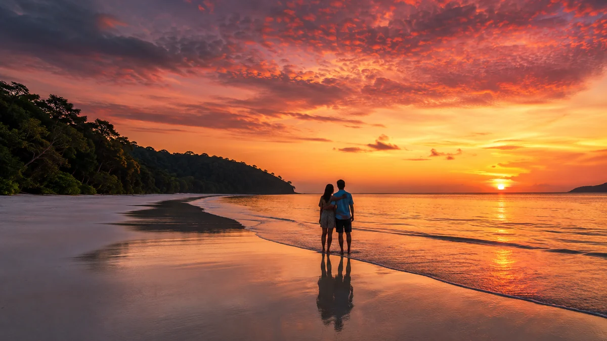 Couple watching the sunset at Radhanagar Beach, Havelock Island