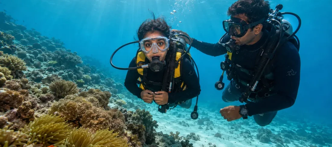 Non swimmer scuba diving in Andaman with a one-to-one instructor over a shallow reef