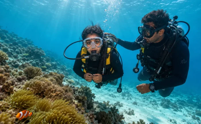 Non swimmer scuba diving in Andaman with a one-to-one instructor over a shallow reef