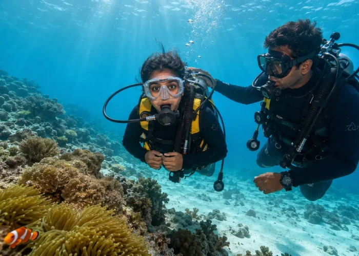 Non swimmer scuba diving in Andaman with a one-to-one instructor over a shallow reef