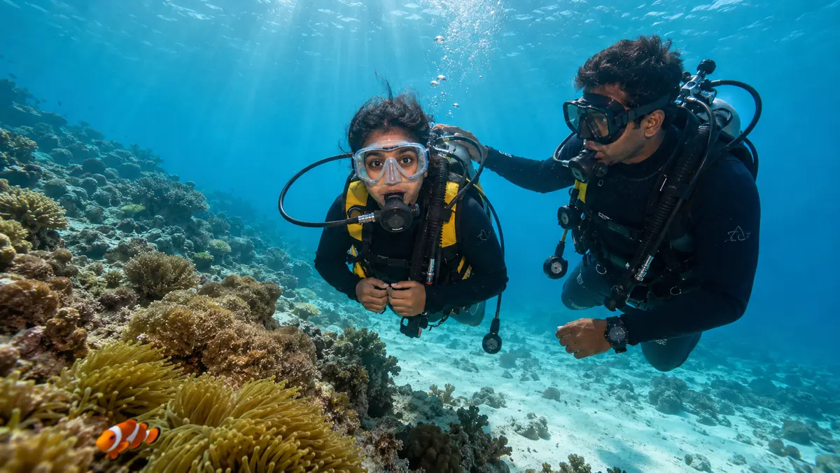Non swimmer scuba diving in Andaman with a one-to-one instructor over a shallow reef