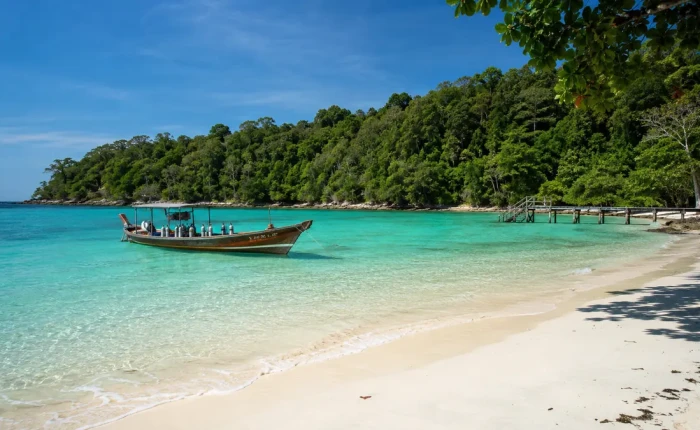 Things to do in Havelock Island: a dive boat on turquoise water by a forested white-sand beach