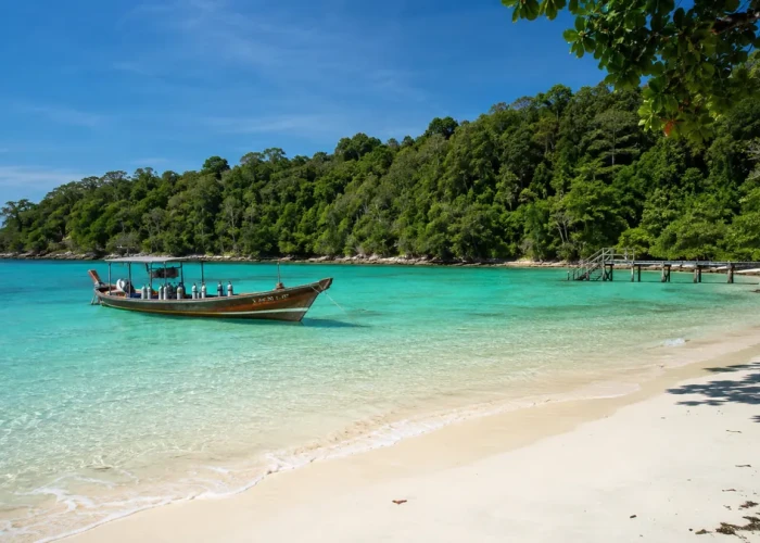 Things to do in Havelock Island: a dive boat on turquoise water by a forested white-sand beach