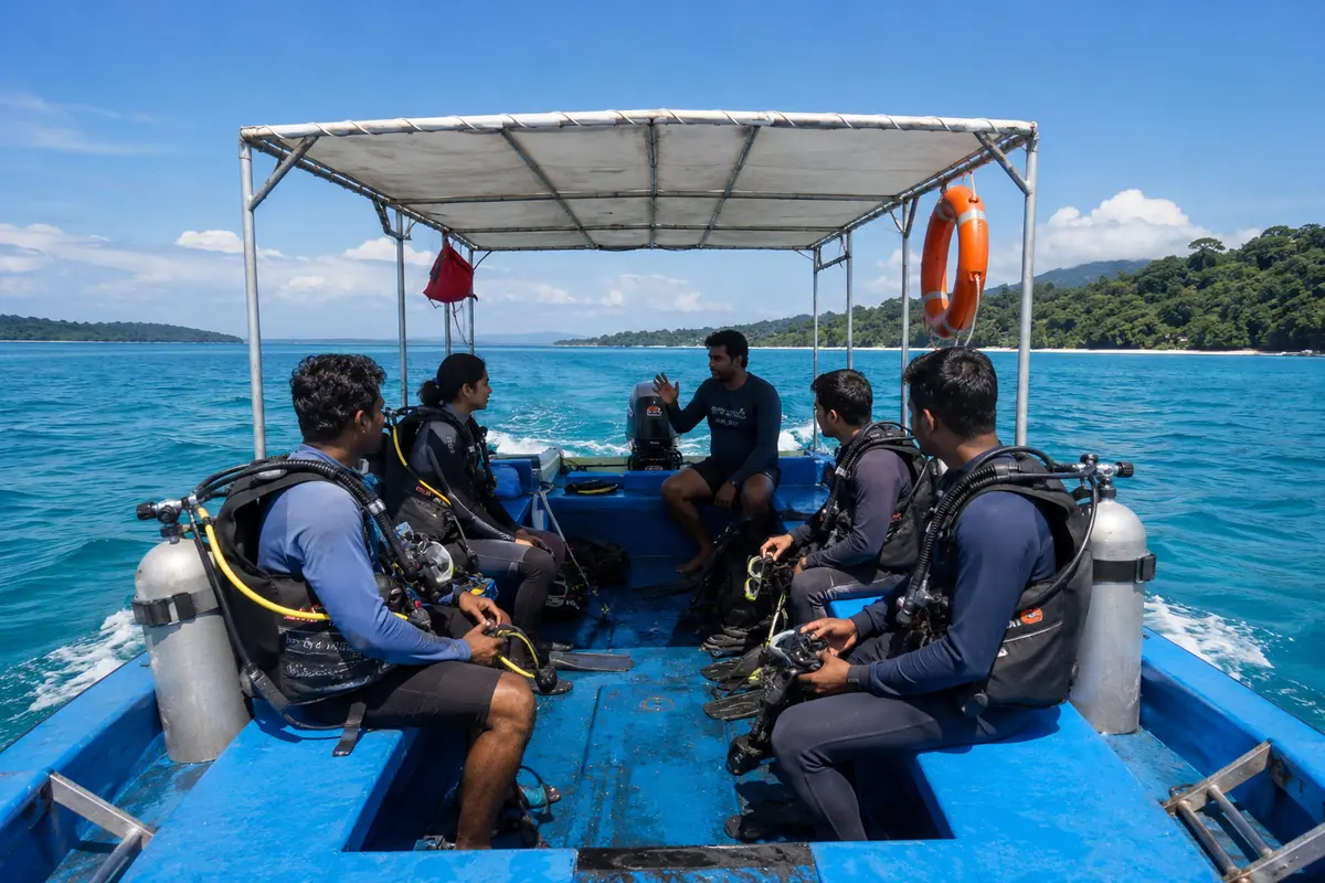 Divers in gear listening to the briefing on the boat ride out to a Havelock dive site in Andaman
