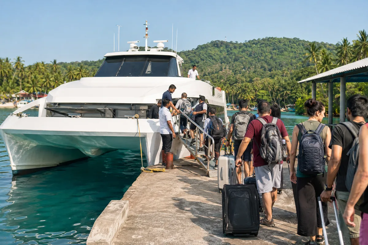 Travellers with backpacks and suitcases boarding a white catamaran ferry from Port Blair to Havelock