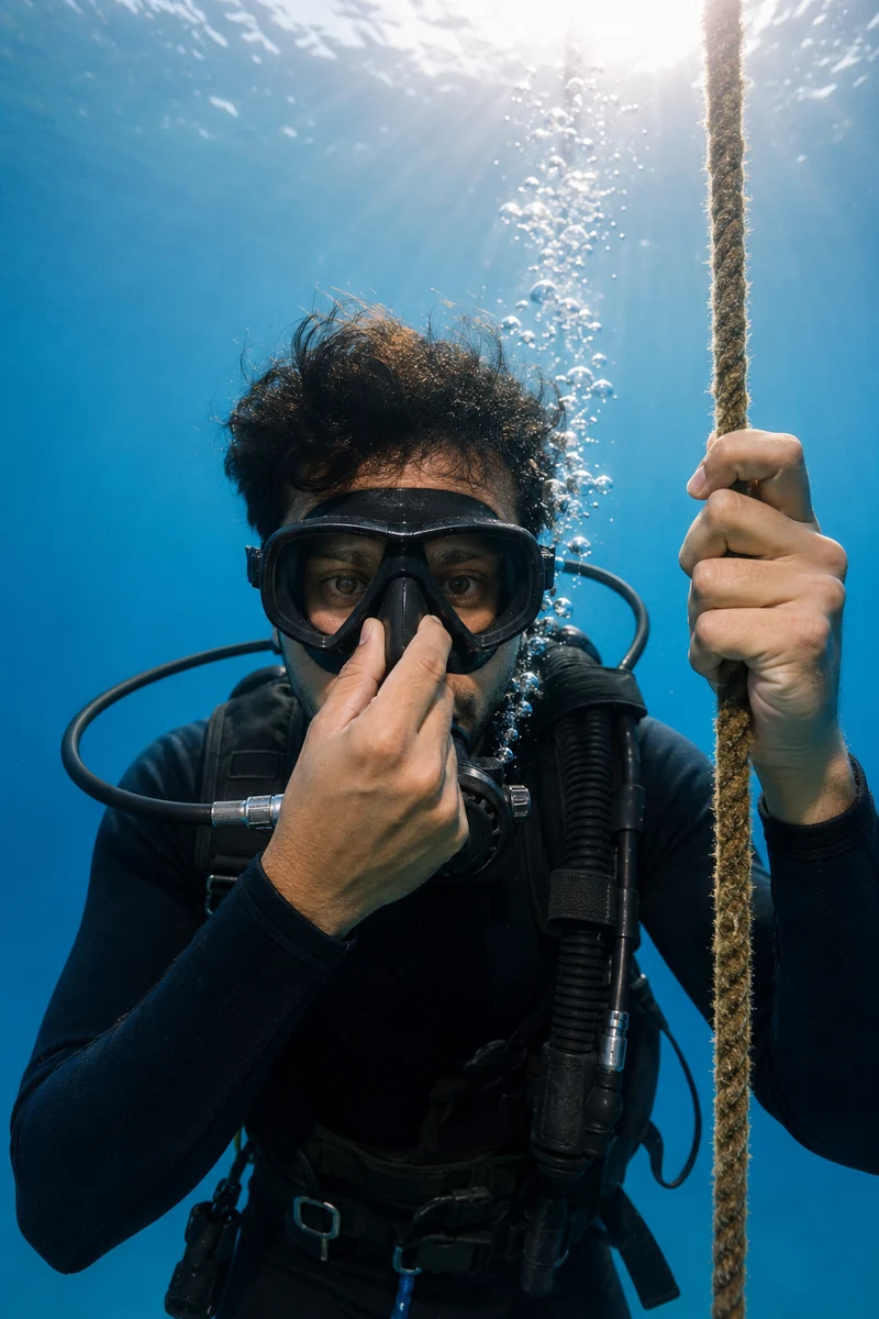Beginner scuba diver pinching nose to equalize ears on the descent line