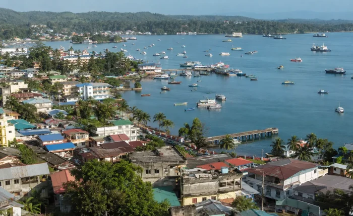 Port Blair harbour and town seen from a hillside, boats at anchor with green hills behind, Andaman Islands