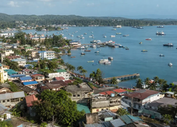 Port Blair harbour and town seen from a hillside, boats at anchor with green hills behind, Andaman Islands
