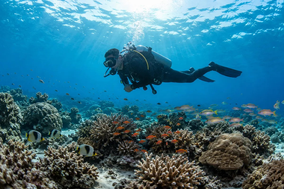 Scuba diver over a shallow coral reef with butterflyfish in Havelock, a two hour ferry from Port Blair