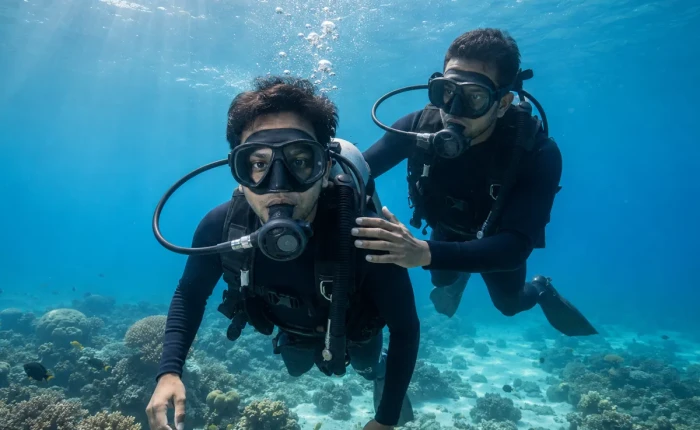 First-time scuba diver with instructor on a beginner dive at Havelock Island, Andaman