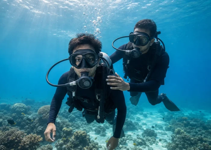 First-time scuba diver with instructor on a beginner dive at Havelock Island, Andaman