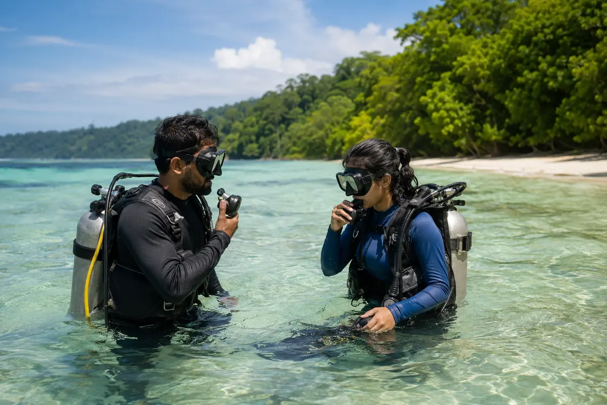 Instructor and beginner practising scuba skills chest-deep during a shore dive at Nemo Reef, Havelock