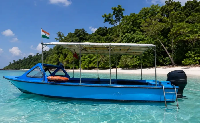 Dive boat anchored off a Havelock beach in the Andaman Islands, where shore dives and boat dives both start