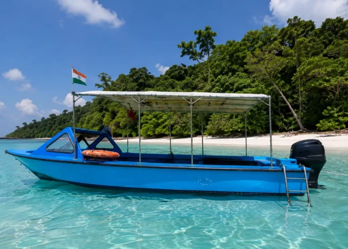 Shore dive vs boat dive in Andaman Dive boat anchored off a Havelock beach in the Andaman Islands, where shore dives and boat dives both start