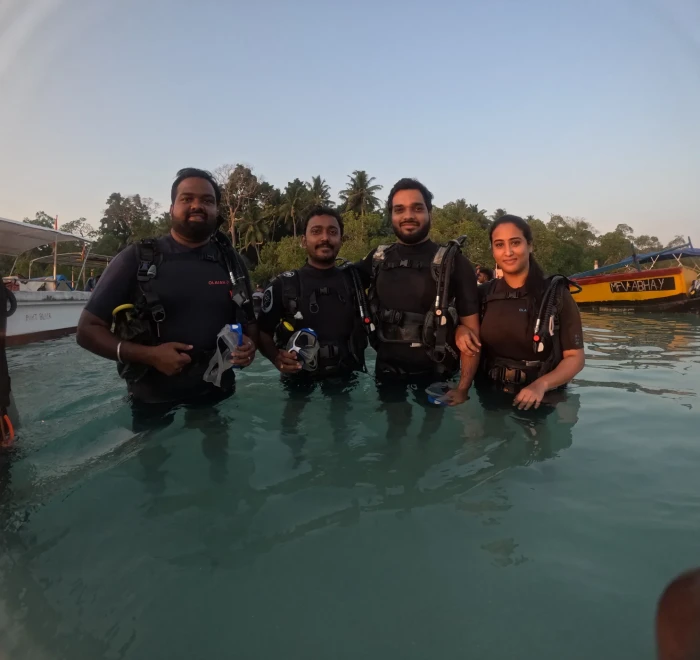 Dive group in the shallows before a shore dive at Havelock