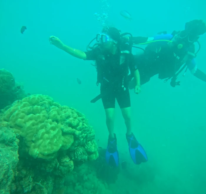 Diver with an arm out above a coral head