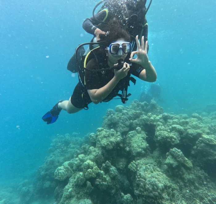 Diver giving the OK signal above the reef on a guided dive
