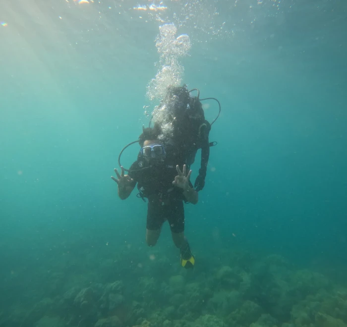 Diver giving the OK sign with sunlight coming through the surface