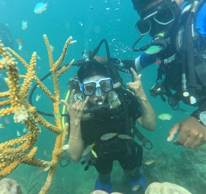 Diver giving OK signs beside a yellow sea fan