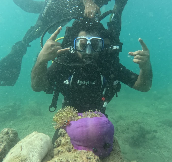 Diver giving a shaka sign above a purple sea anemone