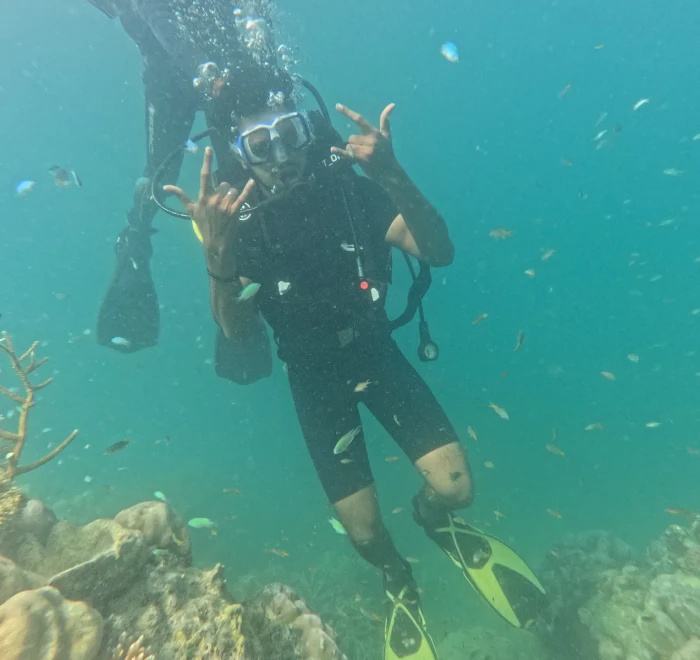 Diver giving a thumbs up above the reef