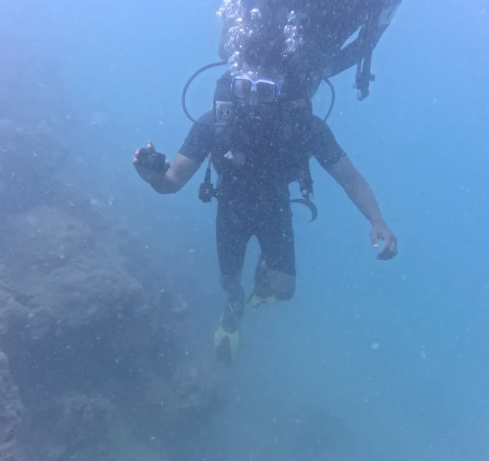 Diver in open water above the reef