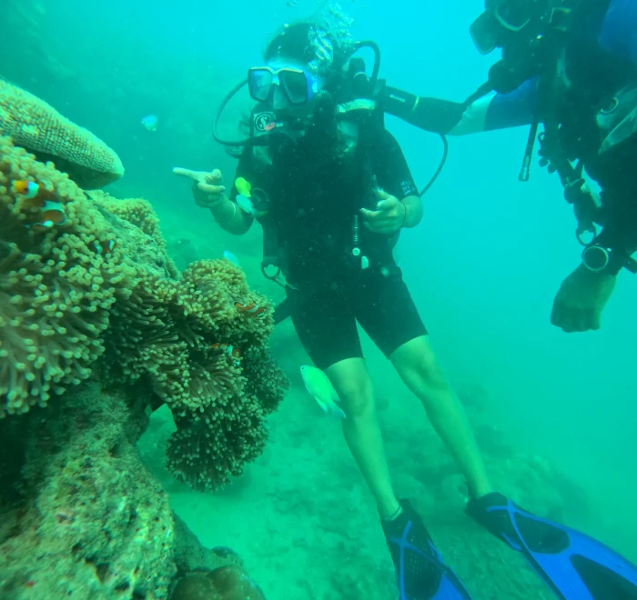 Diver pointing out a clownfish anemone to the group