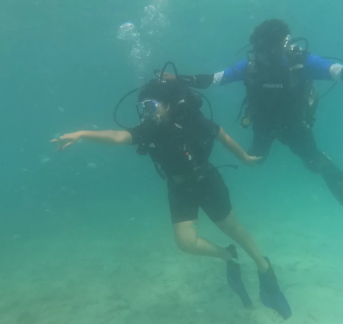 Diver above the sandy seabed at the end of a Havelock Island dive