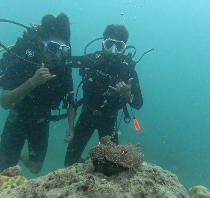 Two divers together above a coral head