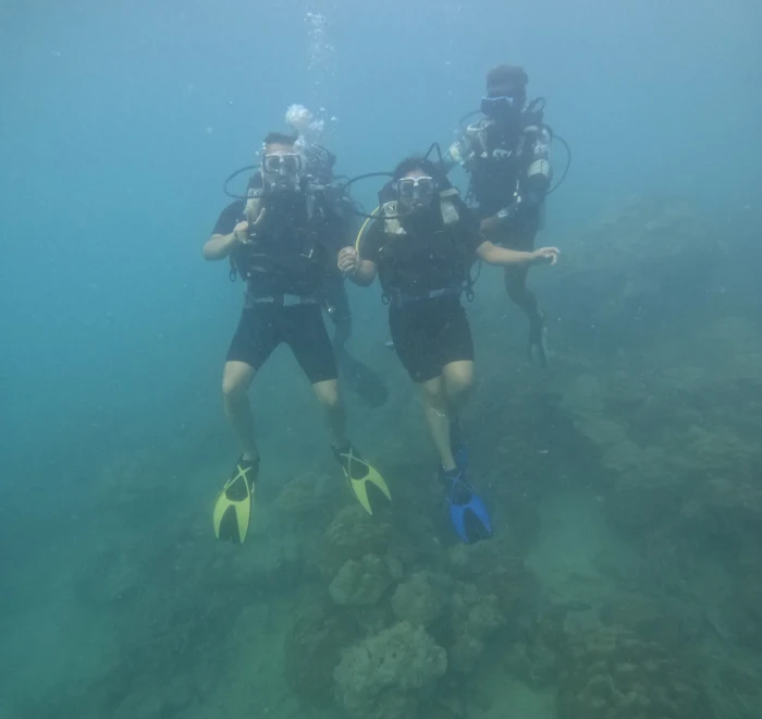 Two divers finning together over the reef