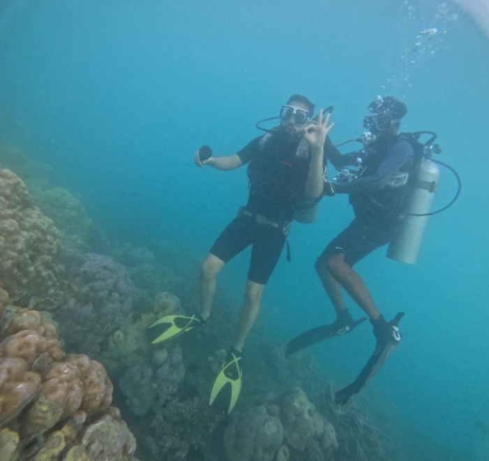 Two divers giving OK signals above the coral