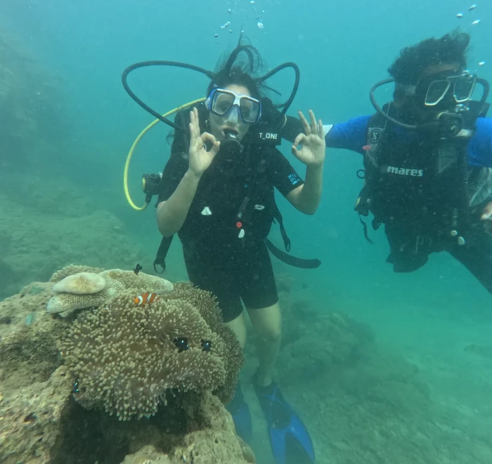 Two divers giving OK signs above the coral