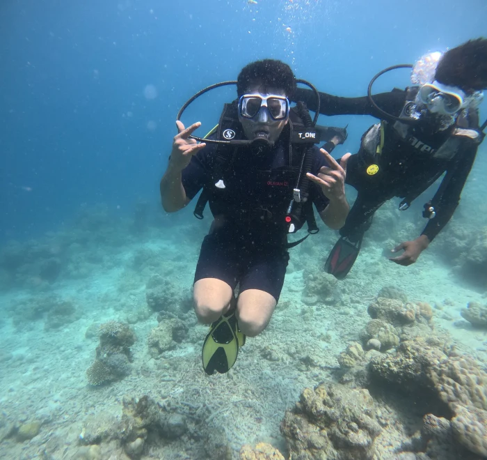 Two divers giving OK signs above the reef