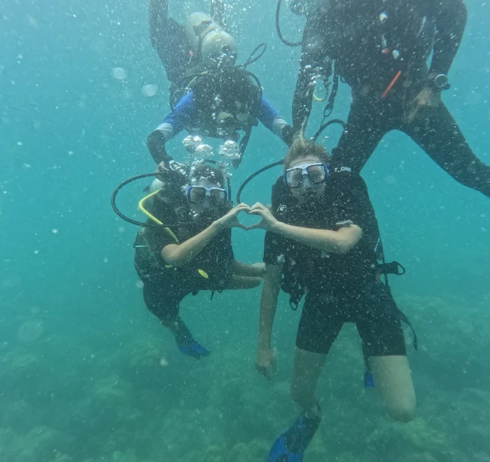 Two divers holding hands underwater with the group above