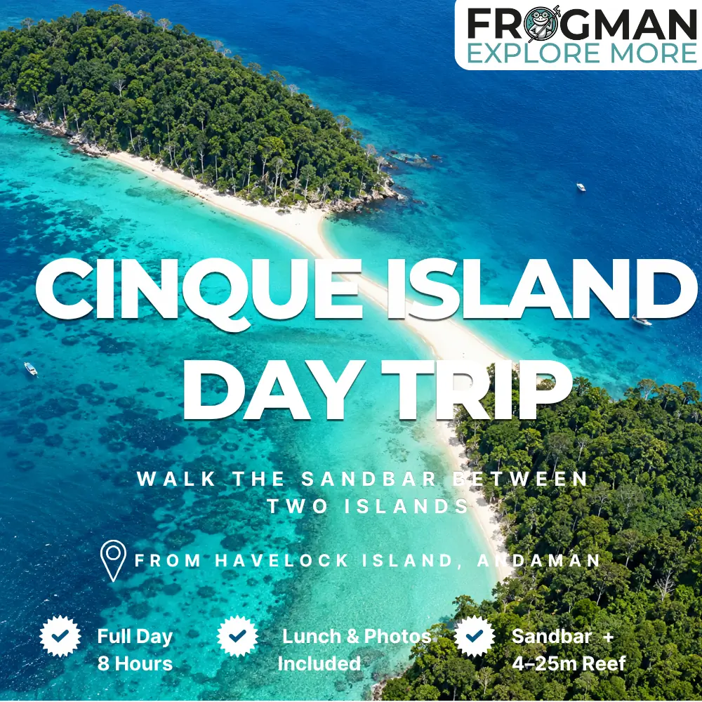 Cinque Island day trip from Havelock Island, Andaman - Frogman tour card showing the sandbar between North and South Cinque