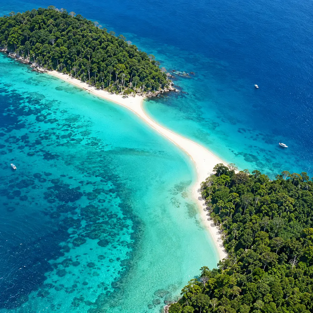 Aerial view of the tidal sandbar joining North and South Cinque Island, Andaman